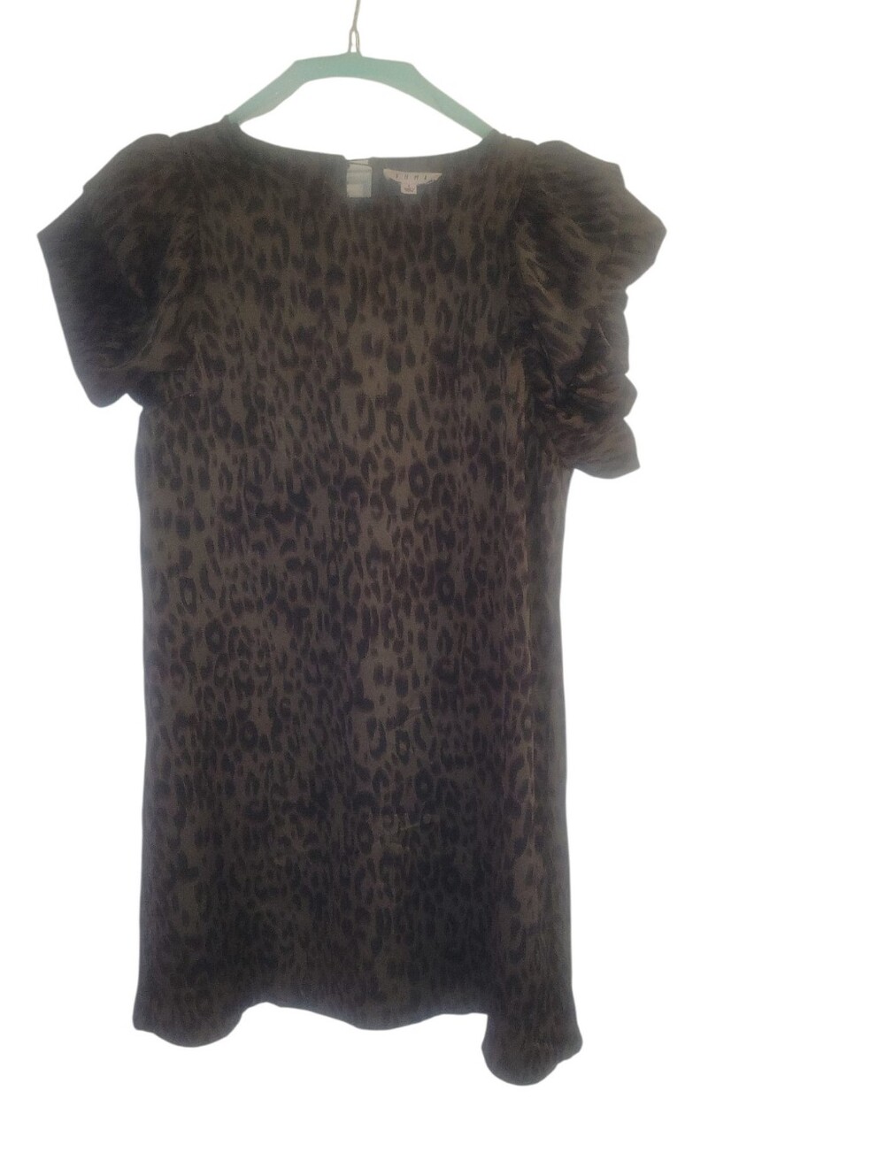THML Loretta Olive Green Leopard Print Puff Ruffle Sleeves Mini Shift Dress L
